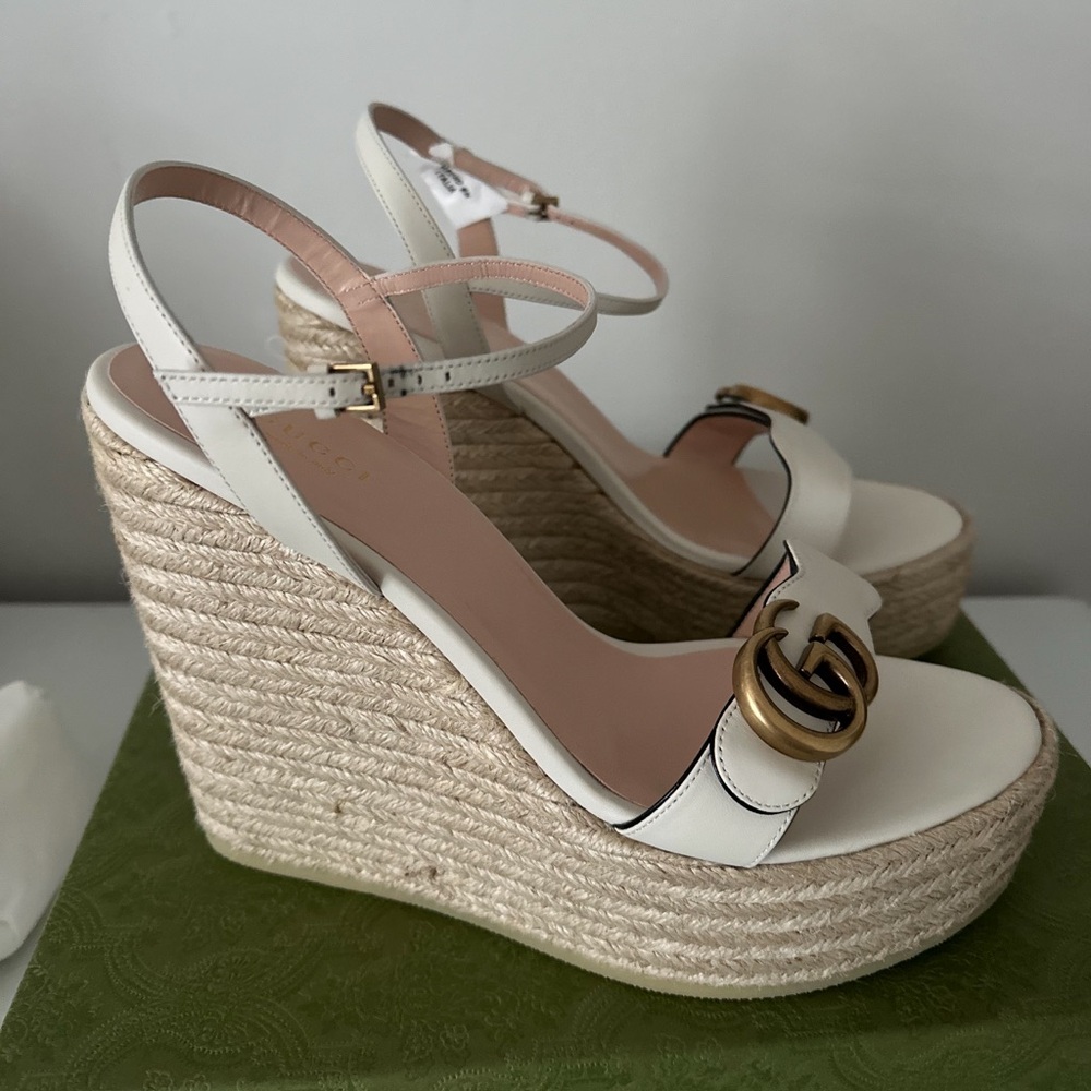 GUCCI Lifford Calfskin Aitana Espadrille Platform 130mm Wedges 42 Mystic White - Picture 2 of 8